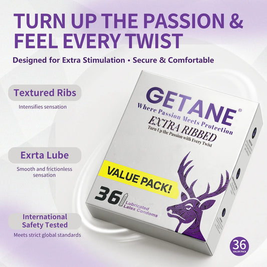 GETANE® Extra Ribbed Condoms – Intense Stimulation 36 Pack