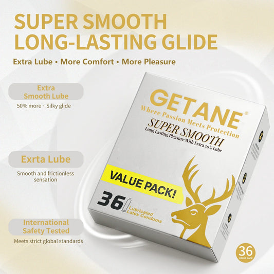 GETANE® Super Smooth Condoms – Extra 50% Lube, 36 Value Pack
